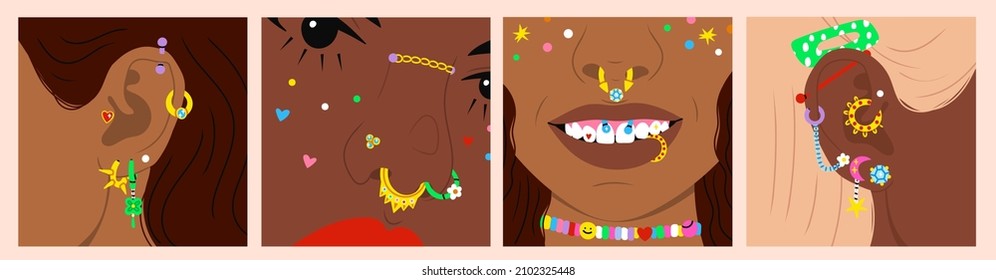 Close up portraits of Young women with Various types of nose, mouth and ear Piercing. Different Piercings Jewelry. Set of four square Hand drawn modern Vector illustrations