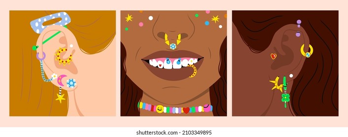 Close up portraits of Young women with Various types of nose, mouth and ear Piercing. Different Piercings Jewelry. Set of three square Hand drawn modern Vector illustrations