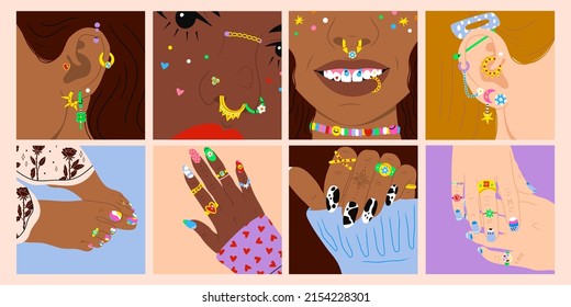 Close up portraits of Young women with Various types of nose, mouth and ear Piercing. Female hands with manicured nails. Feet with pedicure. Set of eight Hand drawn colored modern Vector illustrations