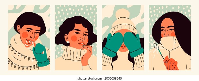 Close up portraits of young women wearing warm sweater, jacket, mittens, beanie and scarf. Snowy winter weather, holiday, Cozy clothes concept. Set of four Hand drawn trendy Vector illustrations