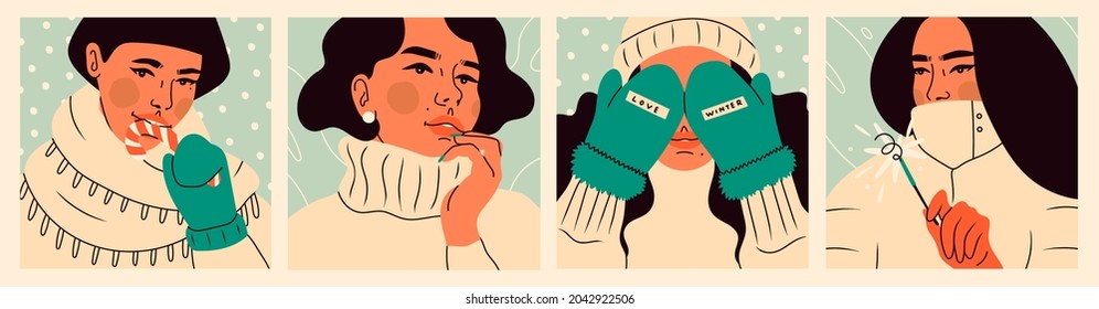 Close up portraits of young women wearing warm sweater, jacket, mittens, beanie and scarf. Snowy winter weather, Cozy clothes concept. Set of four square Hand drawn trendy Vector illustrations