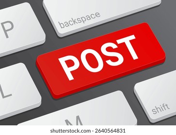 Close Up Post Button on Laptop or Computer Keyboard for Social Media, Publishing, and 3D Communication Illustration