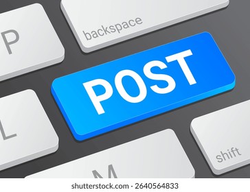 Close Up Post Button on Laptop or Computer Keyboard for Social Media, Publishing, and 3D Communication Illustration