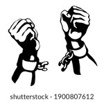 Close up power courage rebel human clench enslave fist fight unchain tear white sky text space. Line black drawn hostage hope metal law tied trap change sin save win protest sign sketch as art cartoon