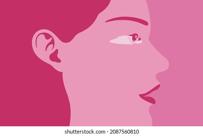 Close up profile portrait of beautiful young woman in love with one eye made up of an embracing couple