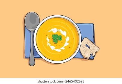 Close up Pumpkin and carrot soup with cream and parsley
on top view, food concept, food sauce.