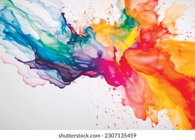 Close up of rainbow colors liquid watercolor painted spot splash splatter on white background with copy space. Textured abstract trendy vector background. Beautiful bright isolated artwork design.