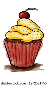 Close up Red cupcake with yellow icing
