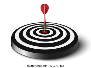 Close up of red dart hit to center of dartboard on the floor. Arrow on bullseye in target. Business success, investment goal, opportunity challenge, aim strategy, achievement project concept.