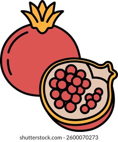 A close up of a red fruit with a green stem. The fruit is a pomegranate