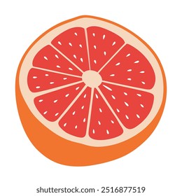 A close up of a red grapefruit. The grapefruit is sliced in half and the seeds are visible. The image has a bright and cheerful mood, with the orange color of the grapefruit