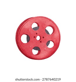 Close up of a red round button with four holes against a white background