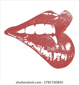 Close up of red vampire lips biting lower lip with illustration seductive provocative abstract