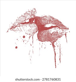 Close up of red vampire lips kissing with dripping blood splatter dripping splatter illustration