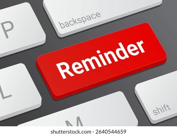 Close Up Reminder Button on Laptop or Computer Keyboard for Notification Alert, Task Management, Schedule, and 3D Technology Interface Illustration
