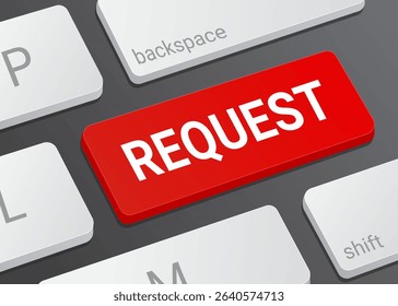 Close Up Request Button on Laptop or Computer Keyboard for Form Submission, Service Inquiry, and 3D Communication Illustration