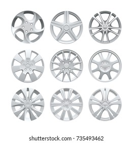 Close up of rims car alloy wheel. Aluminum wheel vector set. Figured alloy rim for car, tracks.