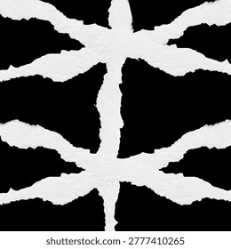 close up of ripped paper with solid crisscross illusion pattern, jagged edges of paper, black background, illustration with black and white contrasting colors