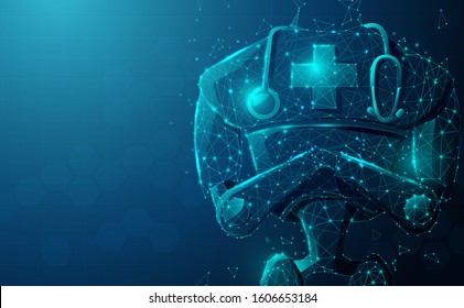 Close up of robot doctor with stethoscope.  Artificial Intelligence, AI. Modern medical technologies concept