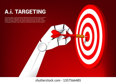 close up robot hand with dart arrow to hit the dartboard. Business Concept of targeting and customer.Company vision mission.