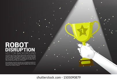 close up robot hand hold the champion winner trophy. Concept for a.i. machine learning solution and key success