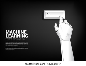 close up robot hand touch a.i. key board computer. business concept of solution and working with machine learning. Artificial Intelligence management.