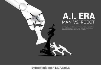 Close up of robot hand try to checkmate chess game of human. Concept of A.i. Disruption and man v.s. machine learning