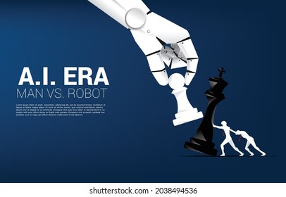 Close Up Of Robot Hand Try To Checkmate Chess Game Of Human. Concept Of A.i. Disruption And Man V.s. Machine Learning