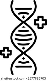 Close up of robotic DNA helix with medical symbols concept as A macro shot of a robotic DNA helix intertwined with medical symbols representing genetic research and robotics in hea