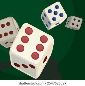 close up rolling different types dice game icon gambling poker cubes casino win dices isolated on green felt background