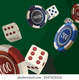 close up rolling different types dice and poker tokens game icon gambling poker cubes casino win dices isolated on green felt background