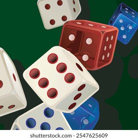 close up rolling different types dice game icon gambling poker cubes casino win dices isolated on green felt background