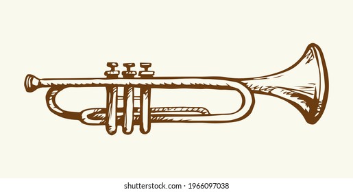 Close up romantic aged gold solo aerophone on white paper text space. Outline black ink pen hand drawn symphonic theater tool object logotype pictogram emblem in artist ancient doodle engrave style