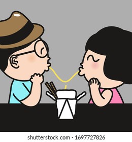 Close up Of A Romantic Couple Eating Noodle Together Concept Card Character illustration