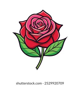 Nahaufnahme einer Rose mit Blättern auf weißem Hintergrund, Vektorgrafik, die Blumen einfärbt.