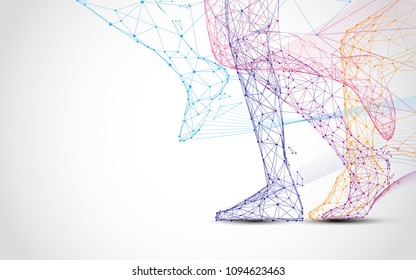 Close up of runner s legs run form lines and triangles, point connecting network on blue background. Illustration vector