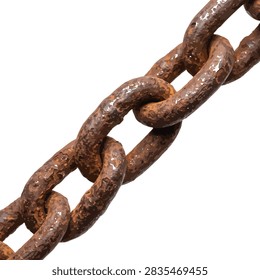 A close up of a rusty metal chain on a white background