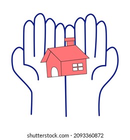 Close up of safe hand holding home. isolated on white background, vector illustration