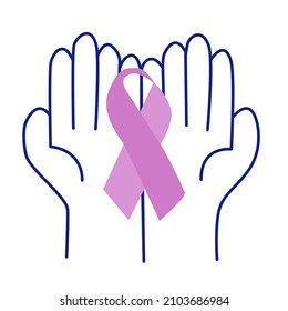 Close up of safe hand holding ribbons. isolated on white background. breast cancer symbol. vector illustration