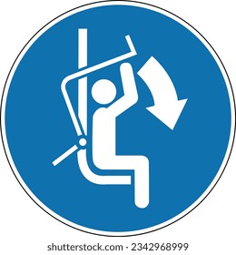 Close safety bar of the chairlift. Mandatory sign. Round blue sign. Safety bar chairlift must be closed. Follow the safety rules. Sign to close the protective bar on the lift