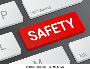 Close Up Safety Button on Laptop or Computer Keyboard for Workplace Safety, Risk Prevention, Emergency Alert, and Protective Measures 3D Illustration