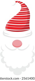 Close up of Santa Claus s face featuring a large white beard, a pink nose, and a distinctive red and white striped Christmas hat, evoking the festive spirit of Christmas