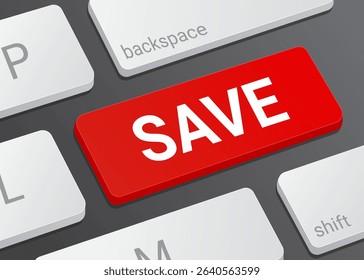 Close Up Save Button on Laptop or Computer Keyboard for File Saving, Data Storage, and 3D Technology Illustration