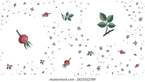 close up seamless pattern of rose hips branches with green leaves and red berries scattered on white background