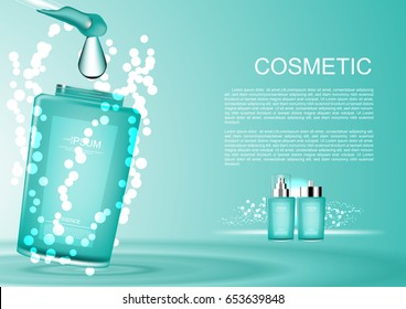 Close up serum with small bubbles and template with small cosmetic products on green background vector cosmetic ads