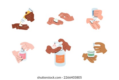 Close up set of hands apply cream from tube. Collection of diverse hands gestures. Skin care concept design. Female and male hygiene. Modern style vector illustration