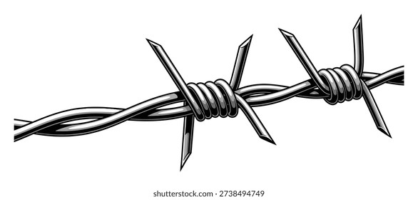 Close up of sharp barbed wire fence section with metallic sheen white background