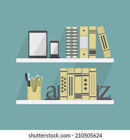 Close up of shelves with some books and accessories - Flat design