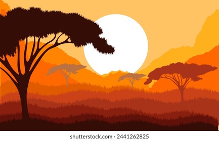 A close up shot of a drawn natural view of four trees and mountains with the sunset, birds in the sky