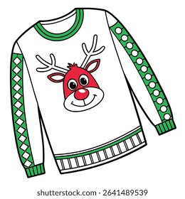 Close up shows a white sweater with green accents and a cartoon-style reindeer with a red nose smiling on the chest area against a white background.